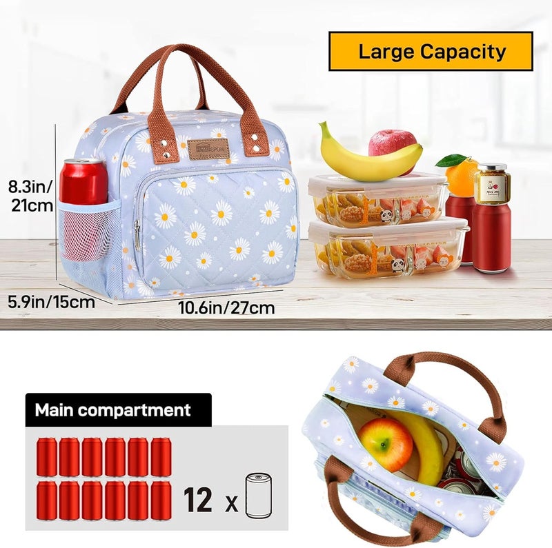 Buringer HOMESPON Lunch Bag for Woman Man Adults with Front Pocket Insulated Lunch Tote Lunch Box Container for Work Picnic or Travel（Blue Daisy） - Image 3